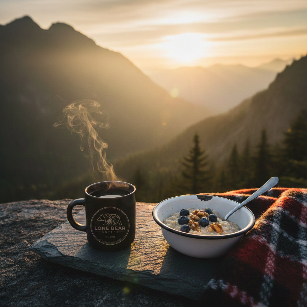 Daybreak Blend Backcountry Breakfasts recipes laid out next to a mug of Lone Bear coffee at a campsite sunrise.