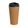 Brown travel mug with black lid on a white background