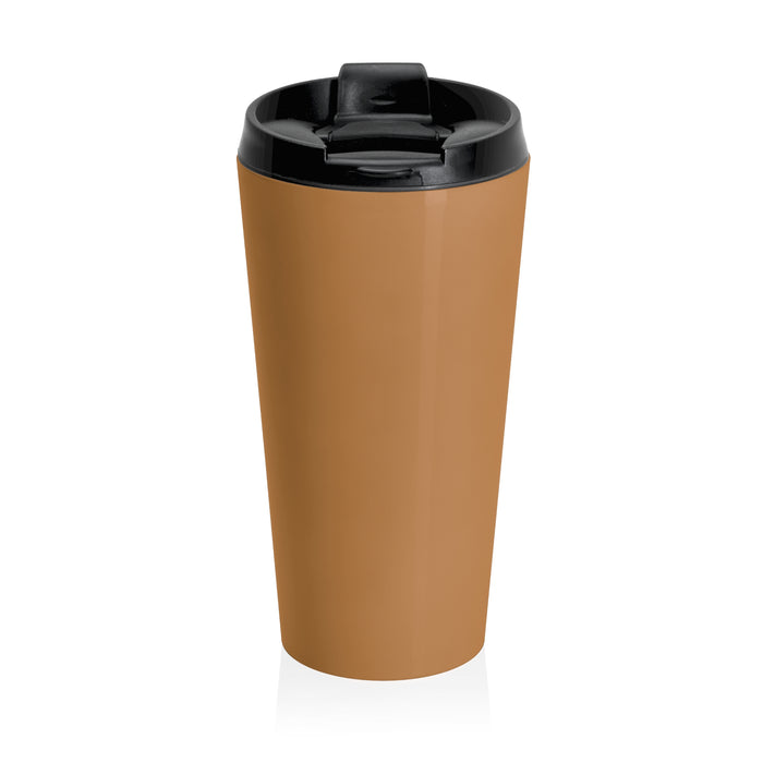 Brown travel mug with black lid on a white background