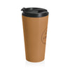 Brown travel mug with black lid on a white background