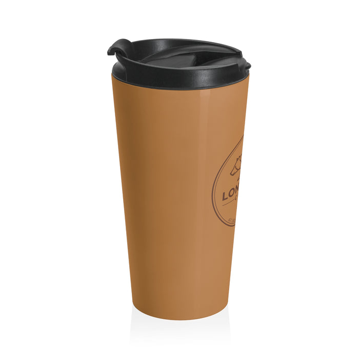 Brown travel mug with black lid on a white background