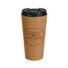 Brown travel mug with black lid featuring 'Lone Bear Coffee' logo on a white background