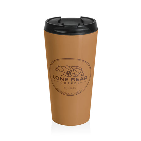 Brown travel mug with black lid featuring 'Lone Bear Coffee' logo on a white background