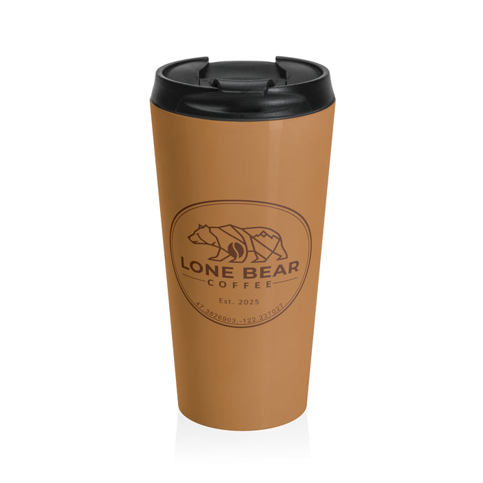 Brown travel mug with black lid featuring 'Lone Bear Coffee' logo on a white background