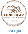 Lone Bear Coffee logo with a bear design and 'First Light' text on a white background