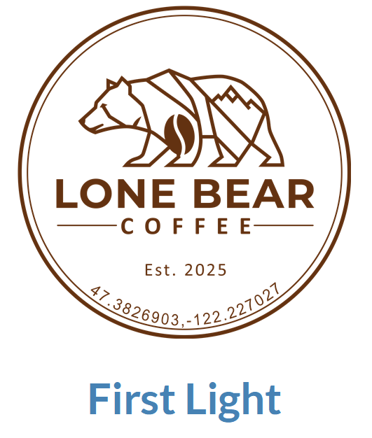 Lone Bear Coffee logo with a bear design and 'First Light' text on a white background