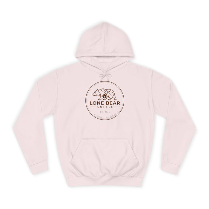 Pink hoodie with 'Lone Bear Coffee' logo on a white background