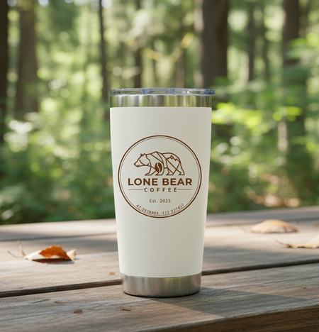 White tumbler with Lone Bear Coffee logo on a wooden surface with a forest background