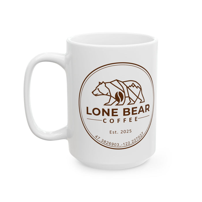 White mug with Lone Bear Coffee logo on a white background