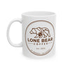 White ceramic Lone Bear Coffee Standard Issue Mug with brown logo and PNW coordinates. Essential 11oz or 15oz gear for daily use.