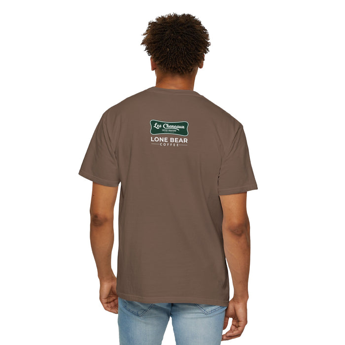 Person wearing a brown t-shirt with 'Lone Bear Coffee' logo on the back