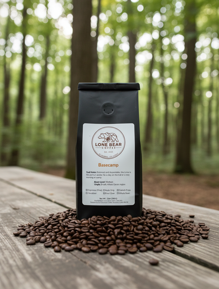 Coffee bag with 'Long Bear Coffee' label on a wooden surface with coffee beans, set against a forest background.