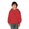 Young boy smiling, wearing a red Lone Bear Cub Hoodie with the brand's circular bear logo visible on the chest.