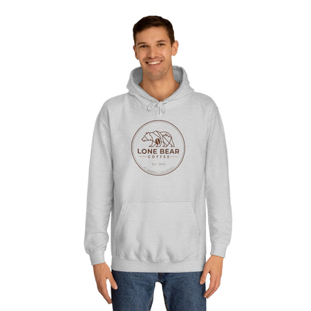 Man wearing a gray hoodie with 'Lone Bear Coffee' logo on a white background