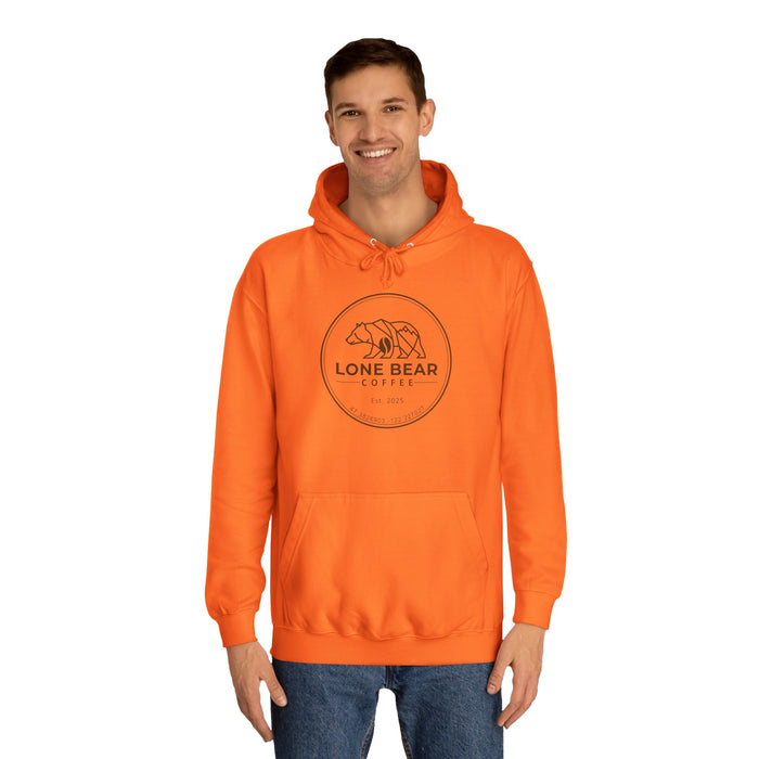 Man wearing an orange hoodie with a 'Lone Bear Coffee' logo on a white background