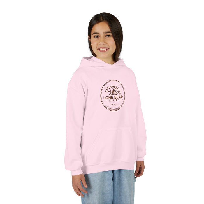 Person wearing a pink hoodie with a Lone Bear Coffee logo on a white background