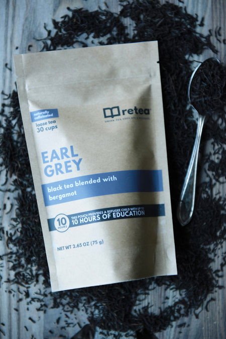 Retea Earl Grey black tea blended with bergamot, loose leaf bag, 30 cups. This pouch provides 10 hours of education to a refugee child.