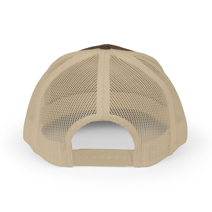 Beige and brown trucker cap on a white background