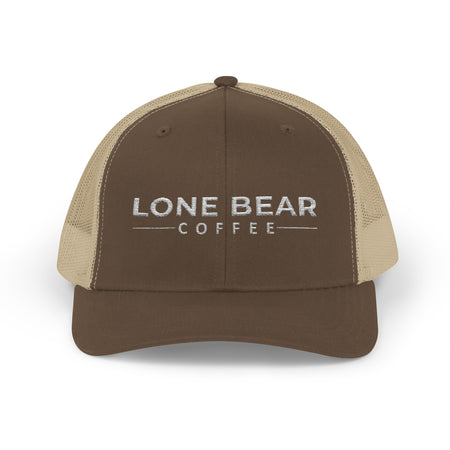 Brown and beige cap with 'Lone Bear Coffee' logo on a white background