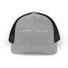 Gray and black trucker hat with 'Lone Bear Coffee' logo on a white background