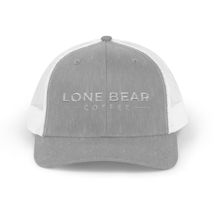 Gray and white cap with 'Lone Bear Coffee' logo on a white background