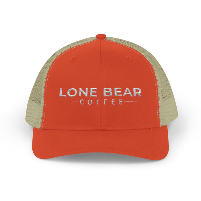 Orange and beige cap with 'Lone Bear Coffee' logo on a white background
