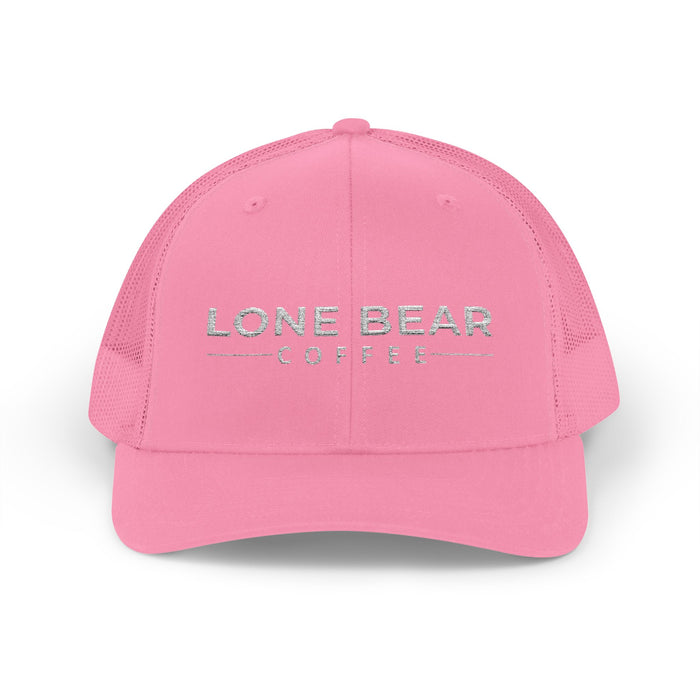 Pink cap with 'LONE BEAR COFFEE' text on a white background