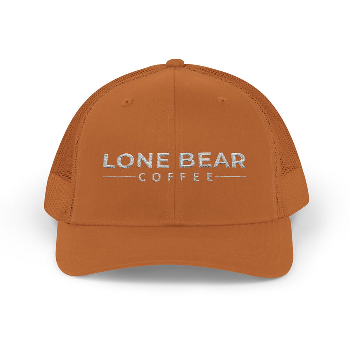 Brown cap with 'LONE BEAR COFFEE' text on a white background