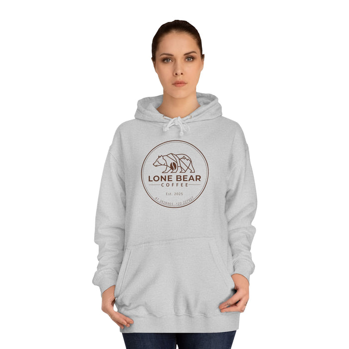 Woman wearing a gray hoodie with 'Lone Bear Coffee' logo on a white background